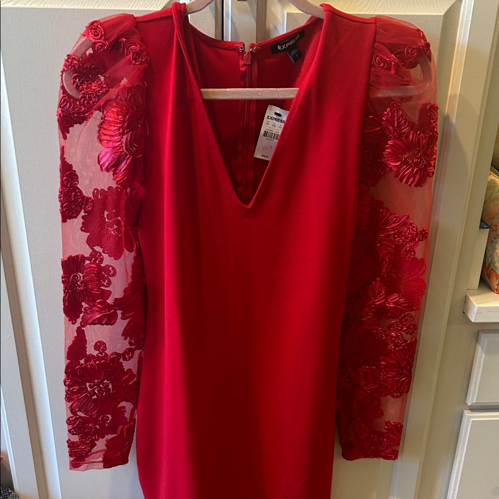 Express Red Dress with Floral Sheer Sleeves